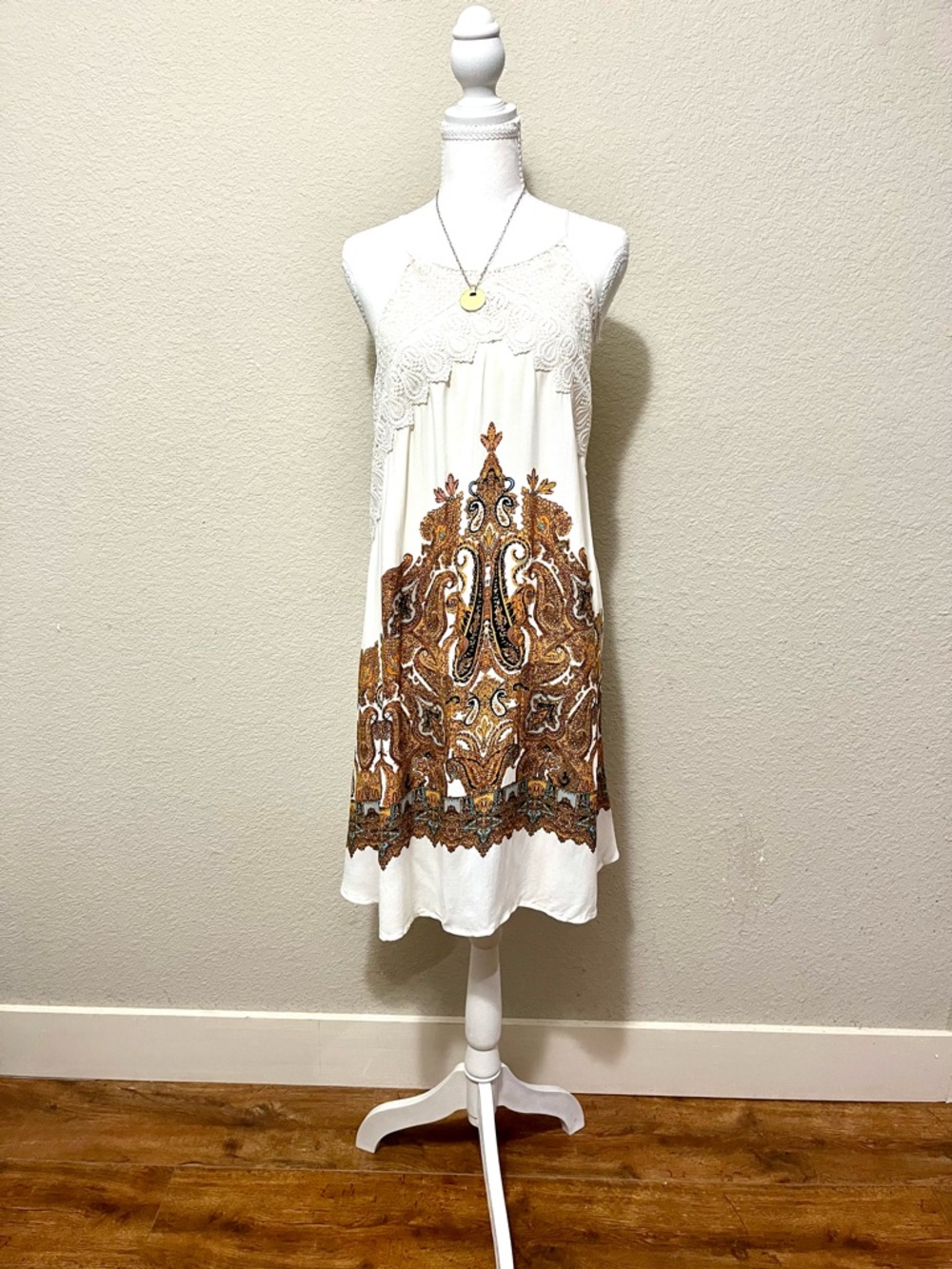 Indigo Rose Women's Cream Halter Dress with Brown Paisley Print
